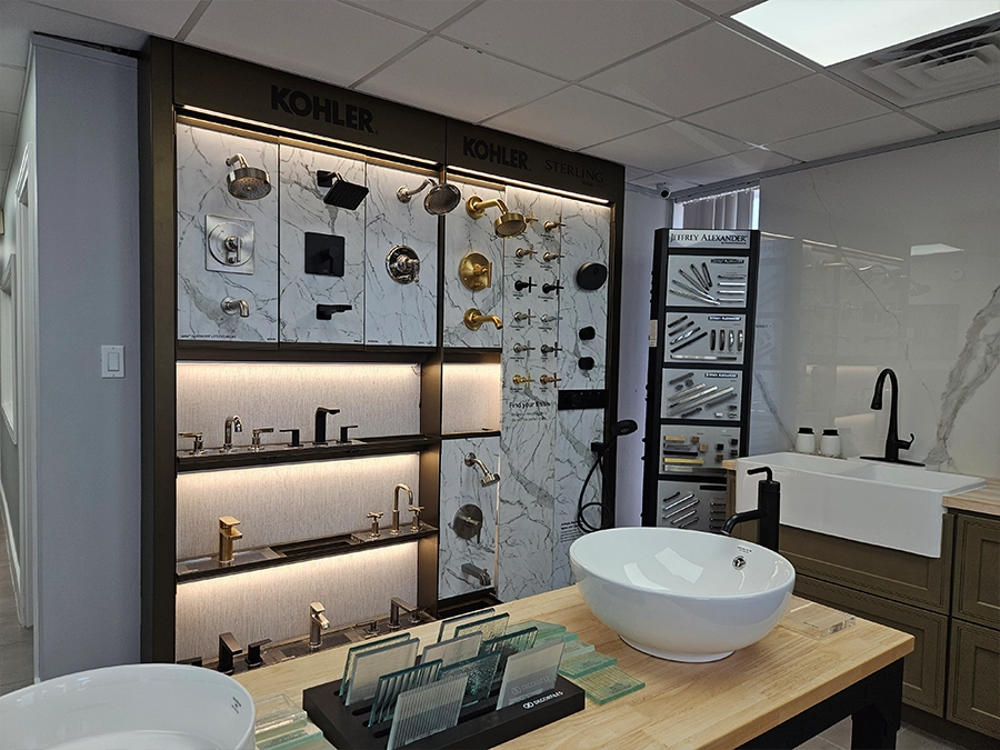 Cabinet hardware and fixture sample displays inside the Unique BKB showroom